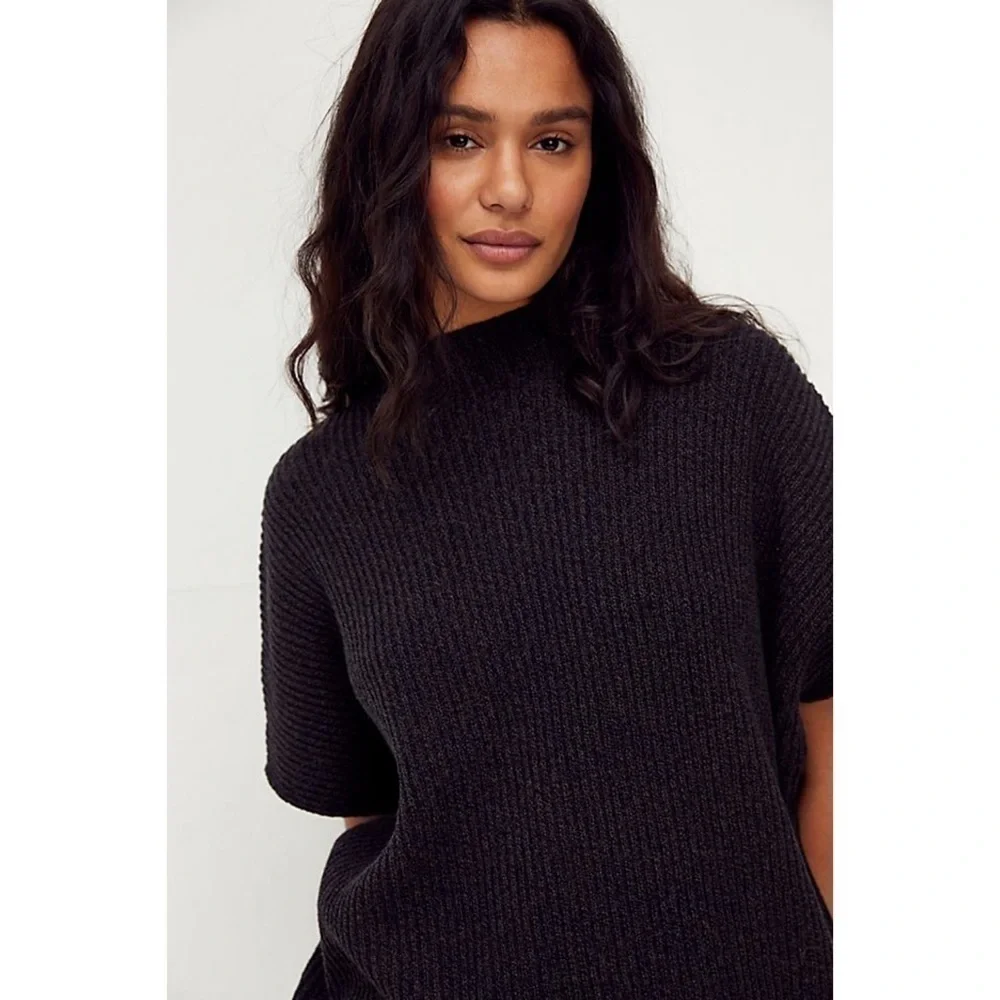Free People FP Beach Dress Mango Sweater Mini Oversized Ribbed Knit Black M